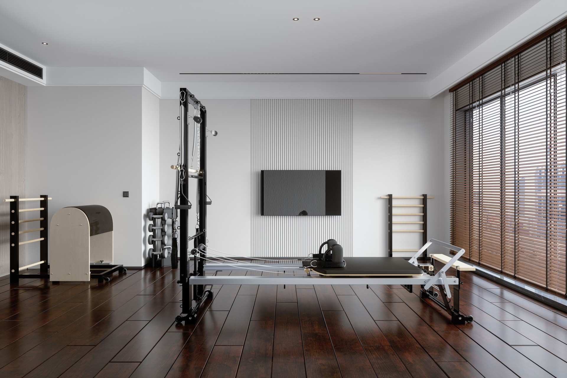 Personal Training Studio With Pilates Reformer Machine And Other Pilates Equipments