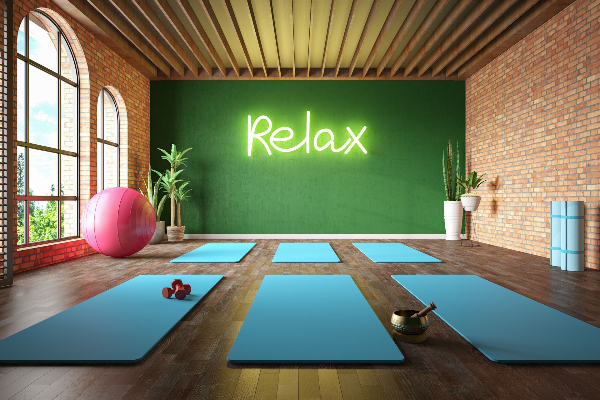 Cozy Pilates and Yoga Studio with Neon Relax Sign